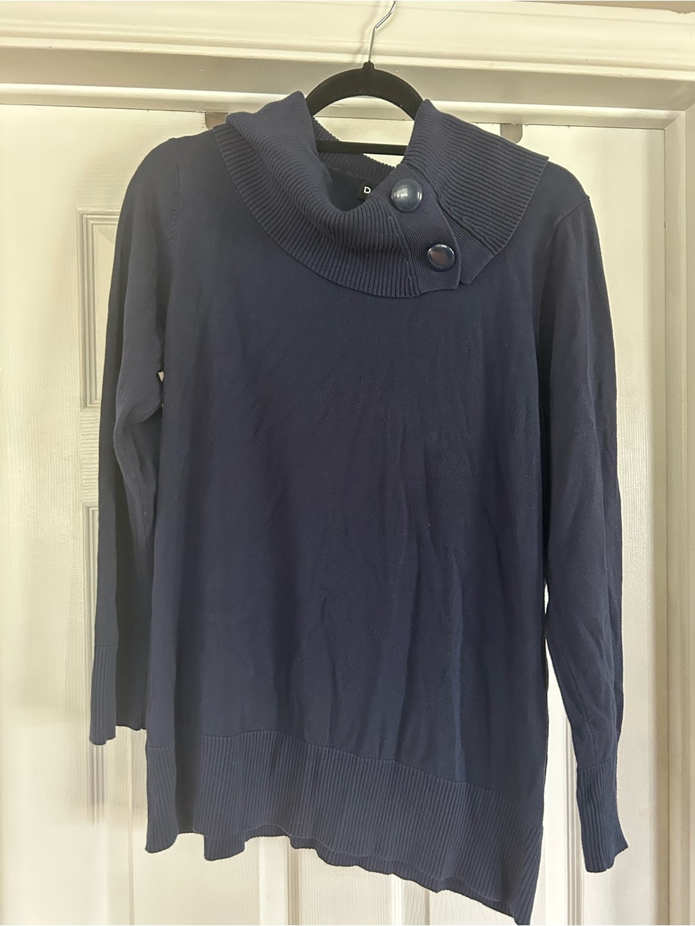 Dalia Navy Ribbed Button Cowl-Neck Sweater